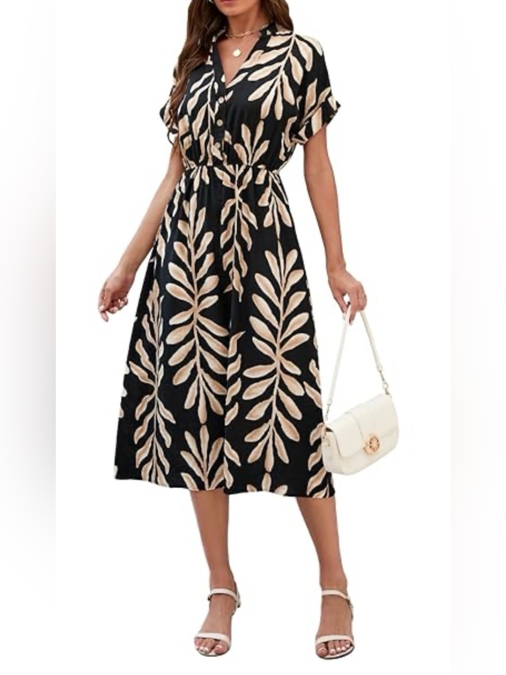 Black Midi Dress with Cream Leaf Print